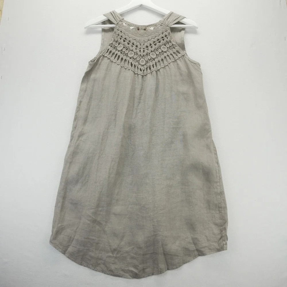 Bellambra Italy Linen Crochet Lace Shift Dress Tan Beige Sleeveless NWT Small - Picture 6 of 9
